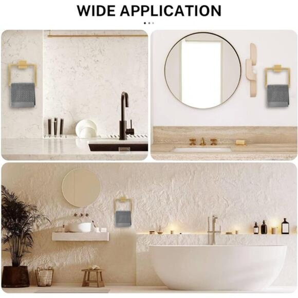 Bathroom towel ring set 2 piece wall mounted brushed gold square hand towel hold - Picture 7 of 8